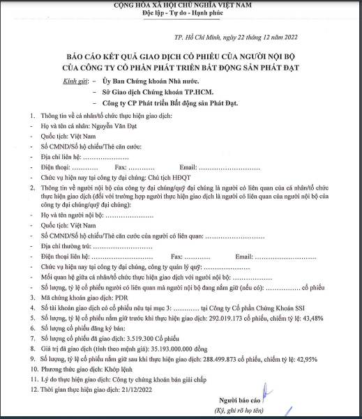 Chủ tịch Ph&aacute;t Đạt c&ocirc;ng bố về việc bị b&aacute;n giải chấp cổ phiếu. Nguồn: PDR