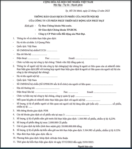 &Ocirc;ng L&ecirc; Quang Ph&uacute;c đăng k&yacute; mua v&agrave;o 2 triệu cổ phiếu. Nguồn:PDR