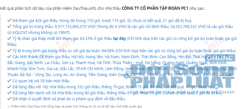 Gi&aacute; trị tr&uacute;ng thầu của c&ocirc;ng ty PC1 l&agrave; gần 10 ngh&igrave;n tỷ đồng từ khi tham gia mạng đấu thầu Quốc gia. Ảnh chụp m&agrave;n h&igrave;nh.