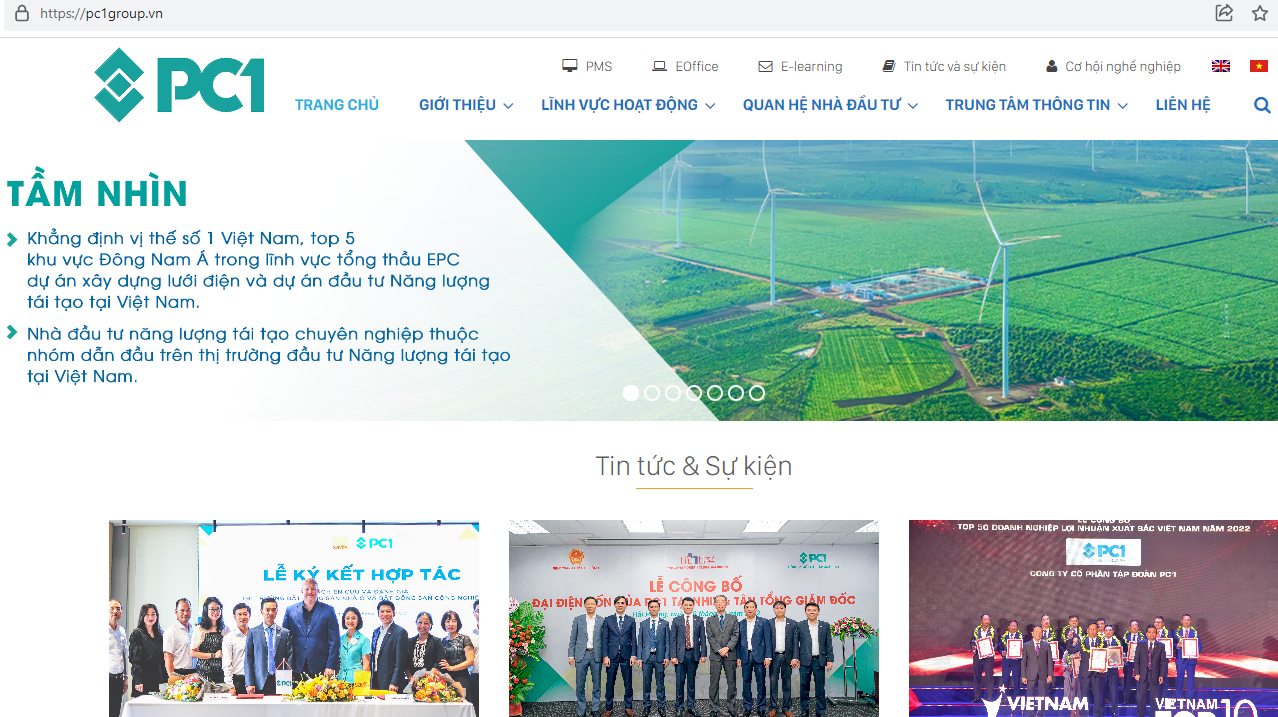 Một phần giao diện trang chủ của PC1Group.