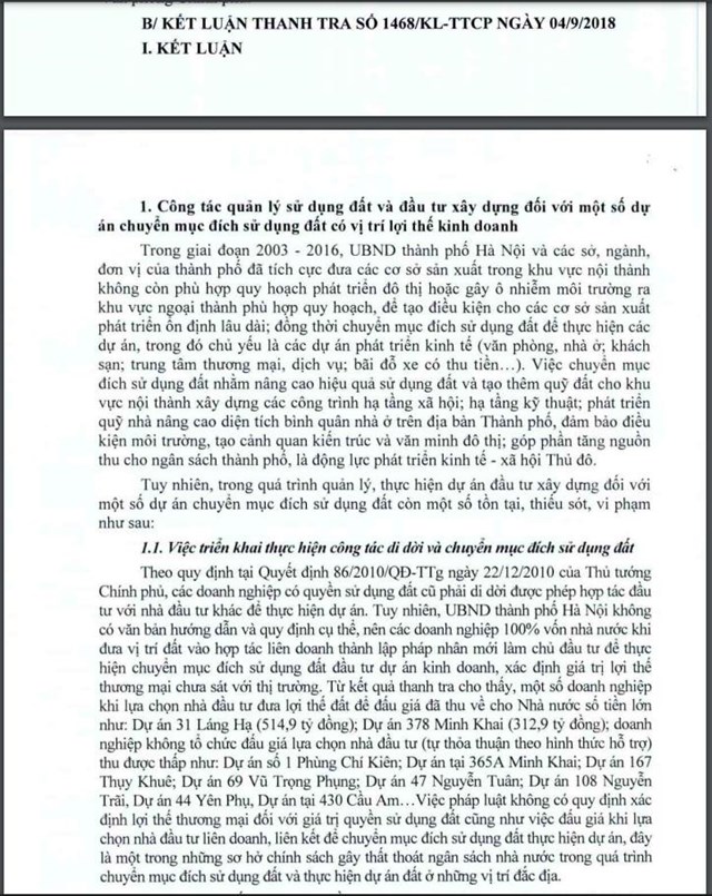 Một phần&nbsp;Kết luận thanh tra số 1468/KL- TTCP ng&agrave;y 4/9/2018.