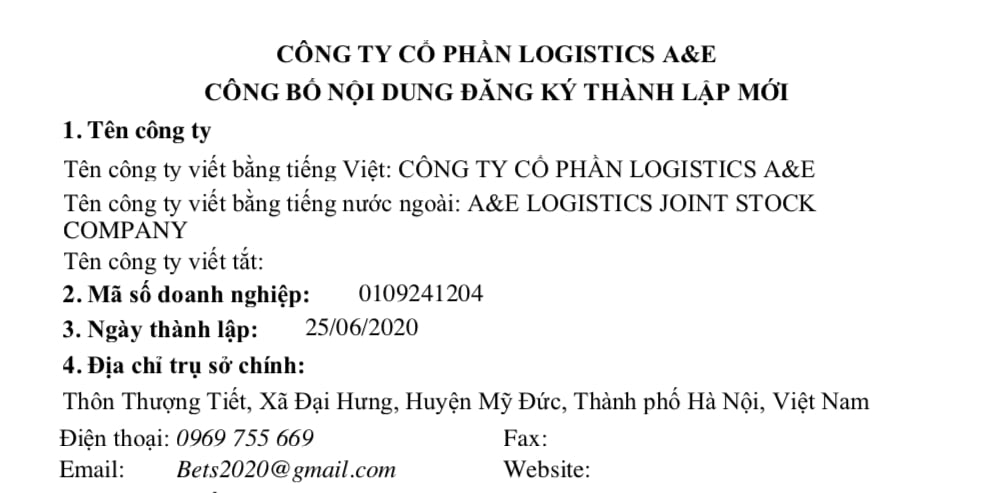 C&ocirc;ng ty TNHH Logistics A&amp;E được th&agrave;nh lập ng&agrave;y 25/6/2020.