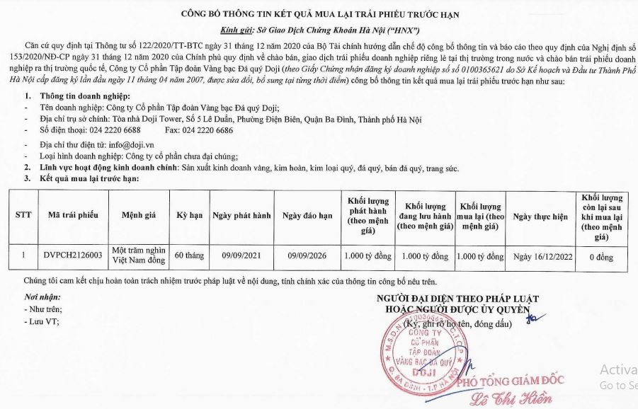 Kết quả mua lại tr&aacute;i phiếu trước hạn của Doji (Nguồn: HNX)