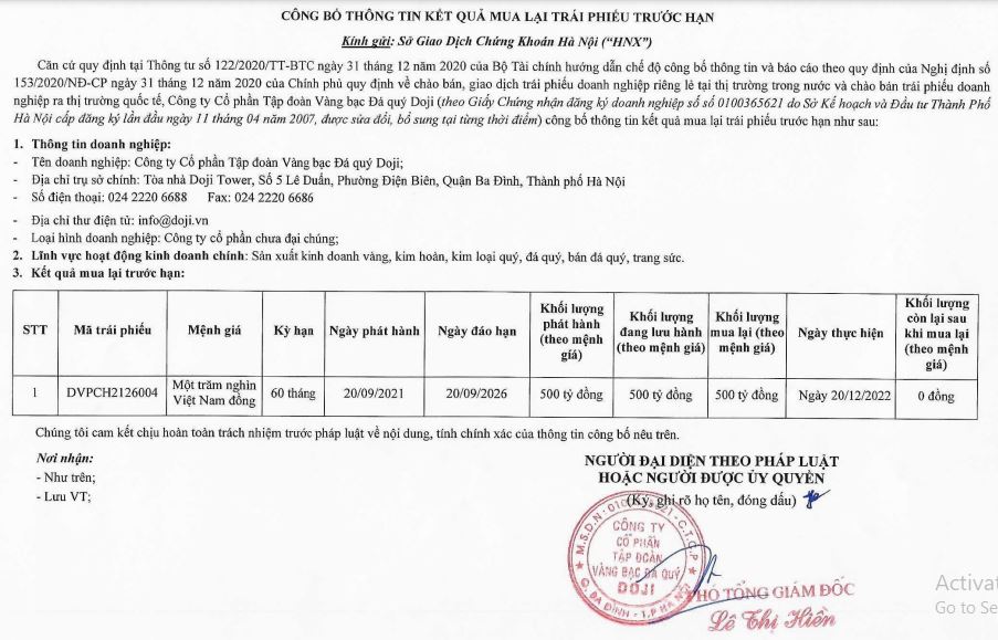 Kết quả mua lại tr&aacute;i phiếu trước hạn của Doji (Nguồn: HNX)