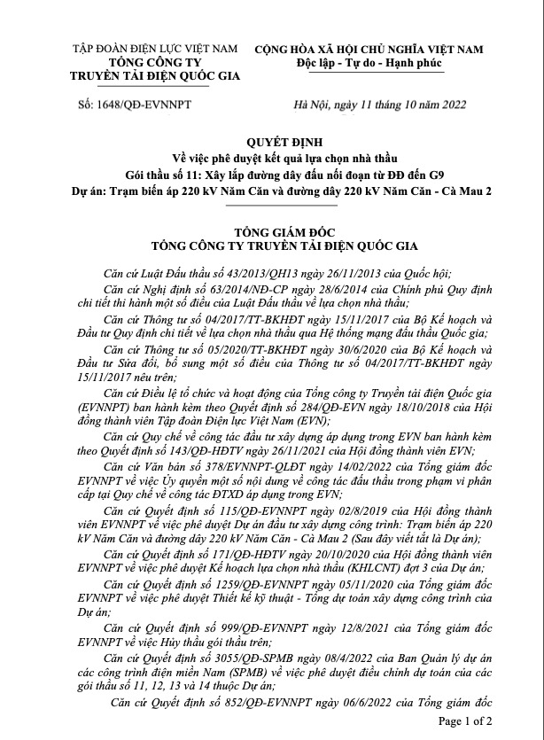 G&oacute;i thầu số 11: X&acirc;y lắp đường d&acirc;y đấu nối đoạn ĐĐ đến G9 thuộc Dự &aacute;n: Trạm biến &aacute;p 220 kV Năm Căn v&agrave; đường d&acirc;y 220 kV Năm Căn &ndash; C&agrave; Mau 2