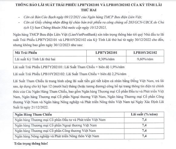 Th&ocirc;ng b&aacute;o l&atilde;i suất Tr&aacute;i phiếu LPB7Y202101 v&agrave; LPB10Y202102 của kỳ t&iacute;nh l&atilde;i thứ hai (nguồn: LienVietPostBank).