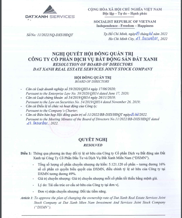 Nghị quyết HĐQT Đất Xanh Services về việc giảm tỷ lệ sở hữu tại CTCP Đầu tư v&agrave; Dịch vụ Đất Xanh Miền Nam.