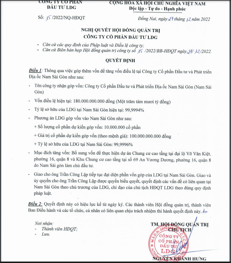 Nghị quyết HĐQT Đầu tư LDG th&ocirc;ng qua việc g&oacute;p th&ecirc;m vốn v&agrave;o Địa ốc Nam S&agrave;i G&ograve;n.