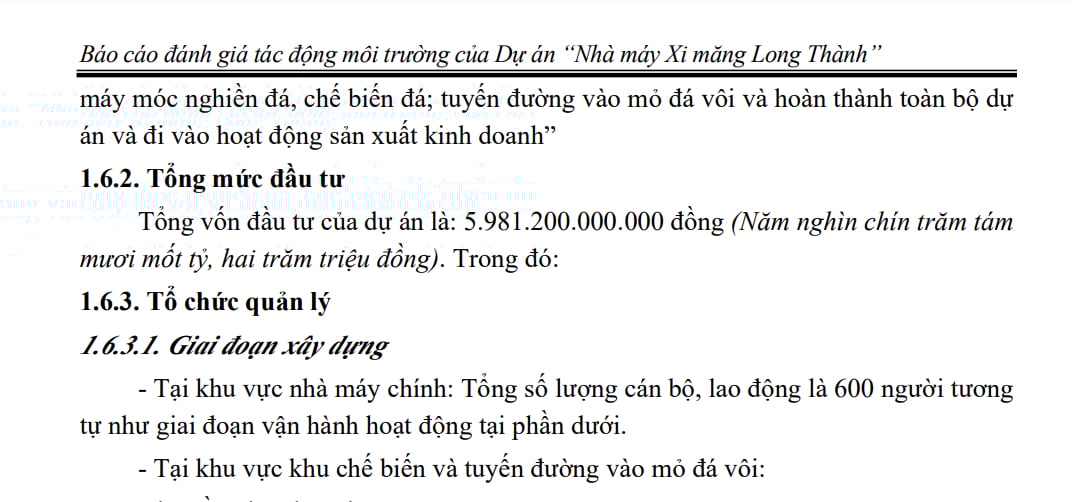 Dự &aacute;n Nh&agrave; m&aacute;y xi măng Long Th&agrave;nh c&oacute; tổng mức đầu tư l&agrave; 5.981,2 tỷ đồng.