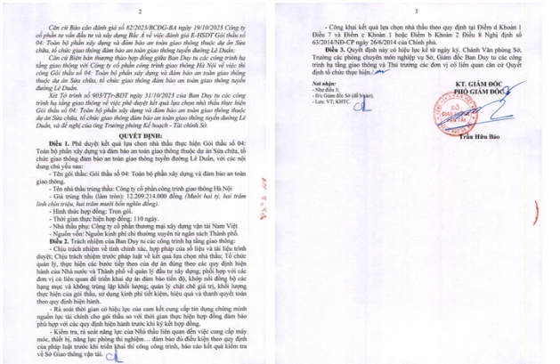 Ph&oacute; Gi&aacute;m đốc Sở GTVT th&agrave;nh phố H&agrave; Nội Trần Hữu Bảo k&yacute; quyết định ph&ecirc; duyệt nh&agrave; thầu tr&uacute;ng thầu G&oacute;i thầu số 04