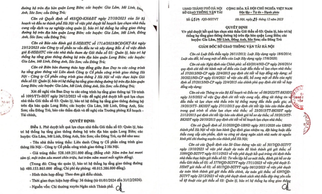 Quyết định tr&uacute;ng thầu G&oacute;i thầu số 03 cho&nbsp;CTCPCT Giao th&ocirc;ng H&agrave; Nội hơn 528 tỷ đồng