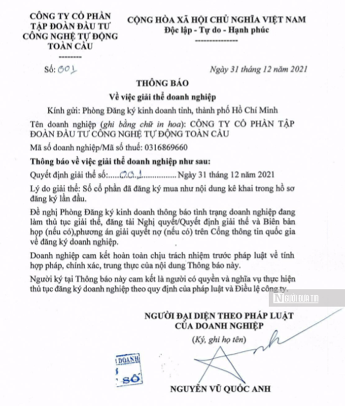 Th&ocirc;ng b&aacute;o giải thể của "si&ecirc;u doanh nghiệp" vốn 500.000 tỷ đồng.&nbsp;