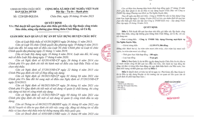 H&agrave;ng loạt g&oacute;i thầu tại&nbsp;BQLDA đầu tư x&acirc;y dựng huyện Ch&acirc;u Đức li&ecirc;n tục về tay C&ocirc;ng ty T&iacute;n Nghĩa Xuy&ecirc;n Mộc&nbsp;
