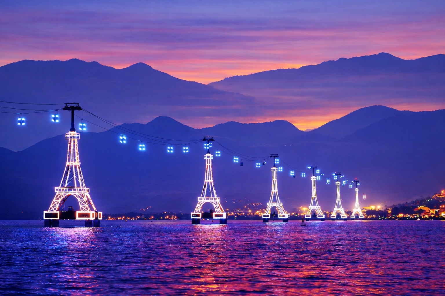 C&aacute;p treo Vinpearl thắp s&aacute;ng vịnh Nha Trang về đ&ecirc;m