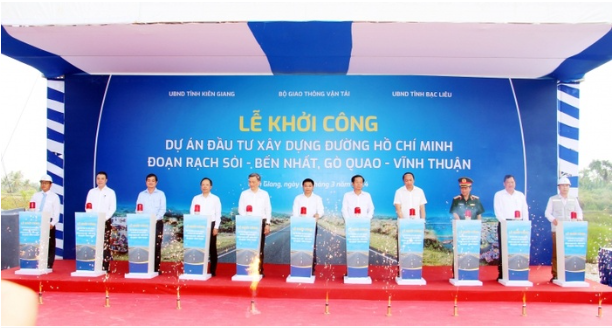 Lễ&nbsp;khởi c&ocirc;ng dự &aacute;n đường Hồ Ch&iacute; Minh đoạn Rạch Sỏi - Bến Nhất, G&ograve; Quao - Vĩnh Thuận.