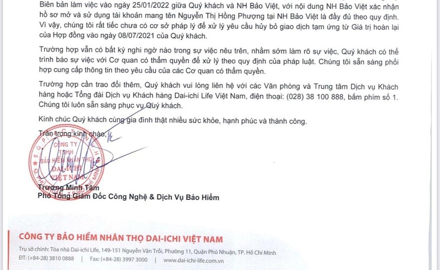 Thư ph&uacute;c đ&aacute;p của Dai-ichi gửi kh&aacute;ch h&agrave;ng,