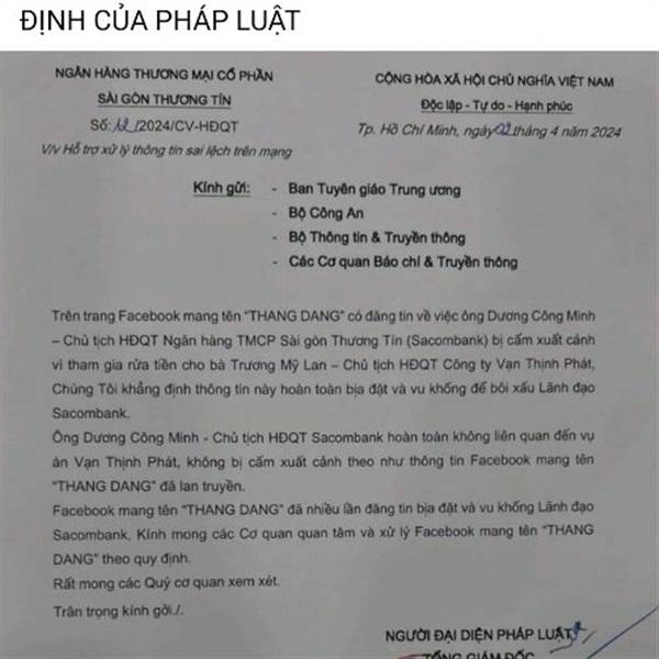 Sacombank l&ecirc;n tiếng về tin đồn &ocirc;ng Dương C&ocirc;ng Minh bị cấm xuất cảnh.