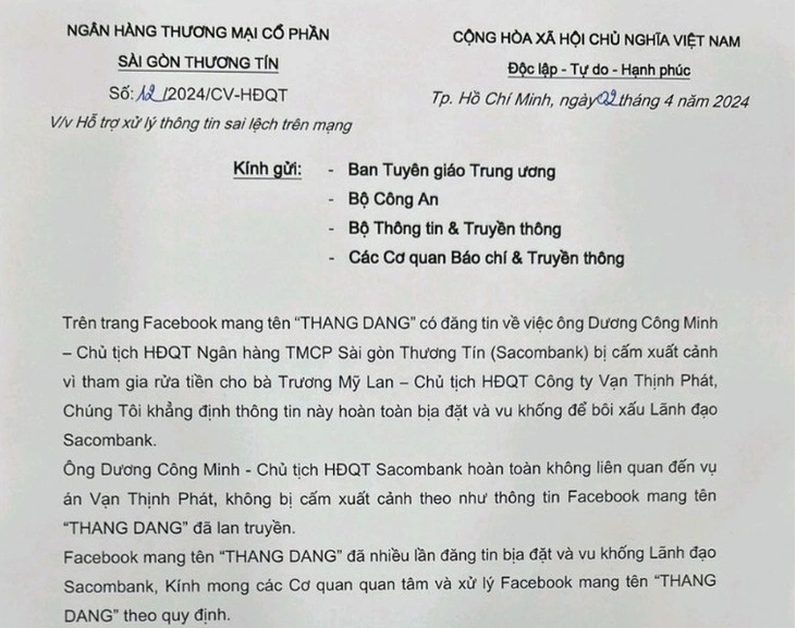 Sacombank b&#225;c bỏ th&#244;ng tin &#244;ng Dương C&#244;ng Minh bị cấm xuất cảnh từ Facebook &#39;THANG DANG&#39; - Ảnh 1