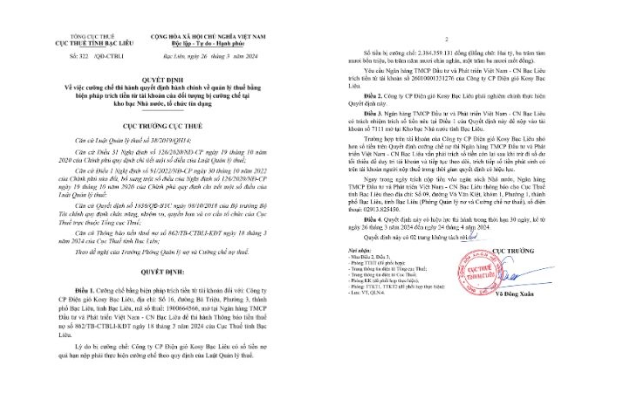 Quyết định cưỡng chế thuế C&ocirc;ng ty CP điện gi&oacute; Kosy Bạc Li&ecirc;u