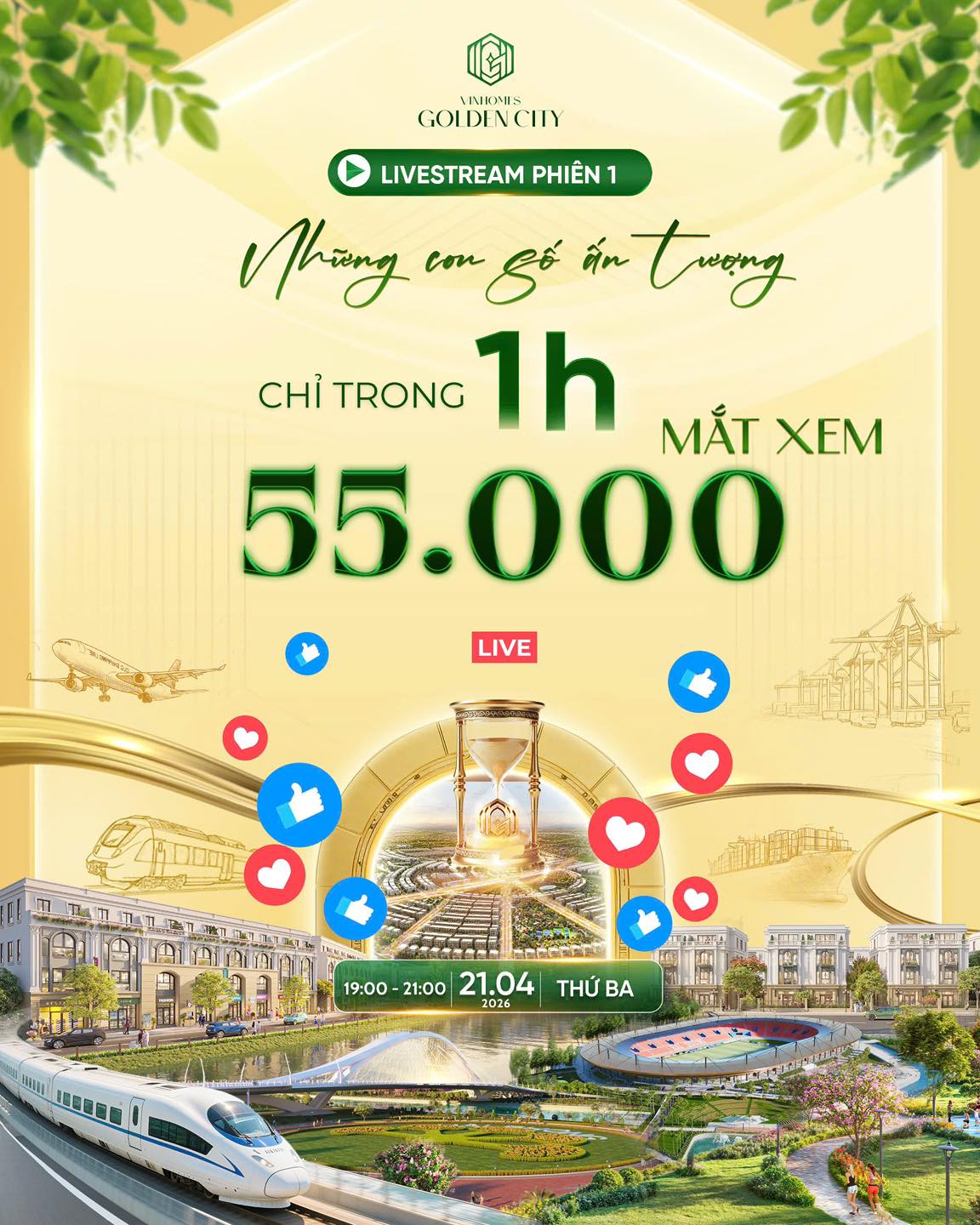 Phi&ecirc;n livestream của Vinhomes Golden City chỉ trong 1 giờ đ&atilde; ghi nhận 55.000 lượt xem, gần 1.000 lượt b&igrave;nh luận&nbsp;quan t&acirc;m