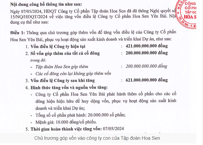Chủ trương g&oacute;p vốn v&agrave;o c&ocirc;ng ty con của Tập đo&agrave;n Hoa Sen