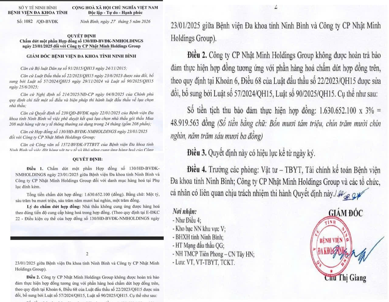 Nhật Minh Holdings Group bị &ldquo;tu&yacute;t c&ograve;i&rdquo; v&igrave; kh&ocirc;ng giao h&agrave;ng đ&uacute;ng hạn theo hợp đồng cung cấp thiết bị y tế cho Bệnh viện Đa khoa tỉnh Ninh B&igrave;nh.