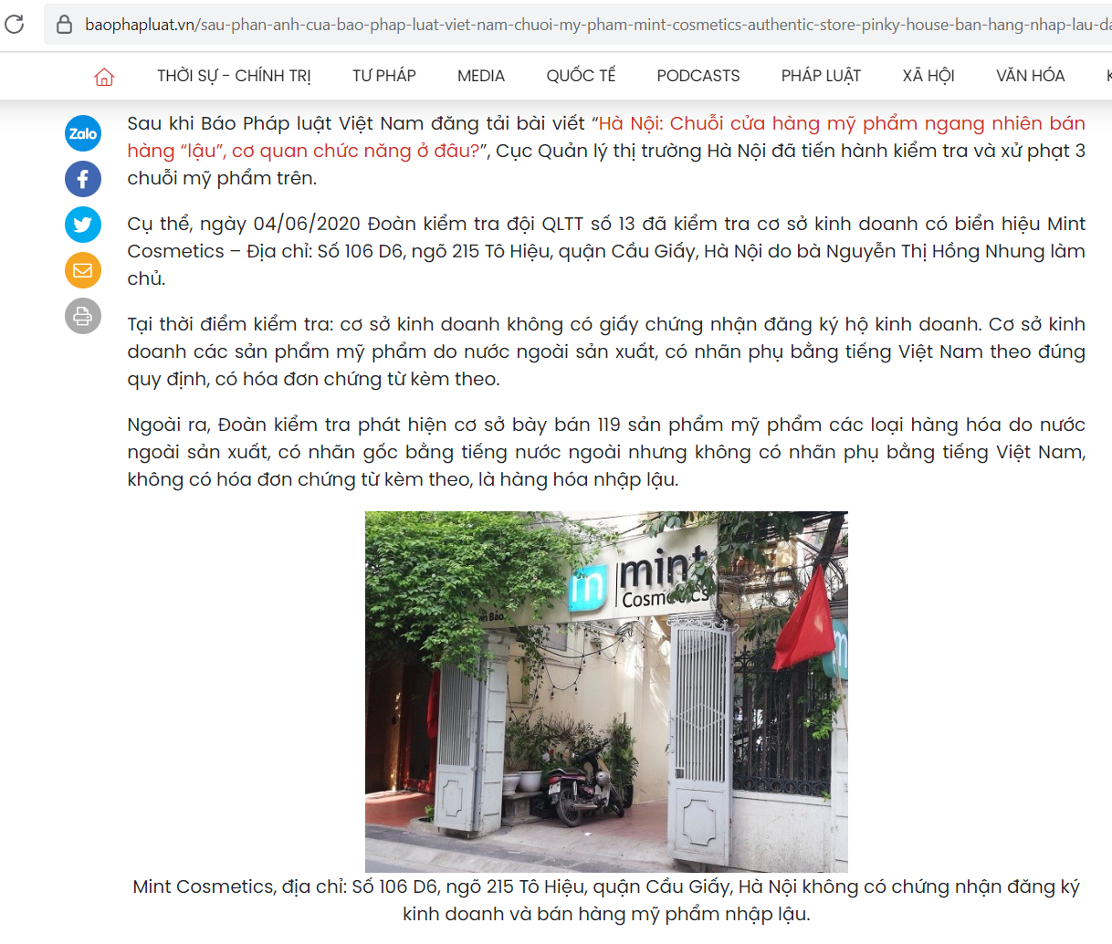 Mint Cosmetics từng bị xử phạt do kinh doanh mỹ phẩm nhập lậu.