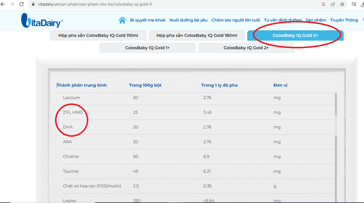 C&aacute;c th&ocirc;ng tin tr&ecirc;n về d&ograve;ng sữa ColosBaby của VitaDairy tr&ecirc;n website cũng như video quảng c&aacute;o. ảnh: Chụp m&agrave;n h&igrave;nh