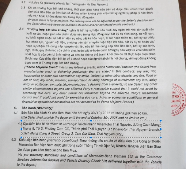 Hợp đồng mua b&aacute;n khẳng định cam kết bảo h&agrave;nh ch&iacute;nh h&atilde;ng cho kh&aacute;ch mua xe tại Th&aacute;i Nguy&ecirc;n, ở địa chỉ đường C&aacute;ch Mạng Th&aacute;ng T&aacute;m, tổ 3, phường Cam Gi&aacute;, th&agrave;nh phố Th&aacute;i Nguy&ecirc;n