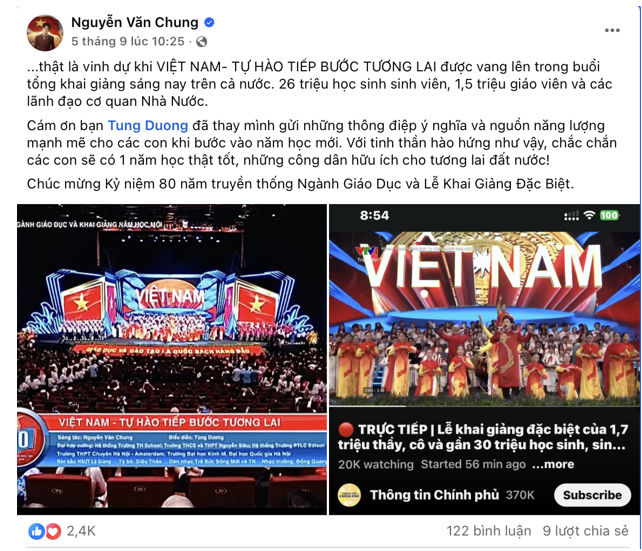 Nhạc sĩ Nguyễn Văn Chung x&uacute;c động b&agrave;y tỏ niềm vinh dự khi ca kh&uacute;c được cất l&ecirc;n trong lễ khai giảng năm học mới tr&ecirc;n cả nước.