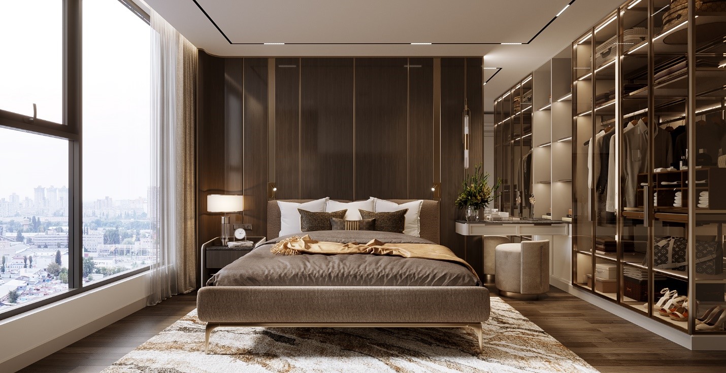 Ph&ograve;ng ngủ master với kh&ocirc;ng gian rộng lớn, phối gam m&agrave;u trầm tạo n&ecirc;n sự sang trọng, đẳng cấp. Đ&acirc;y chắc chắn sẽ l&agrave; thiết kế được c&aacute;c bậc cha mẹ y&ecirc;u th&iacute;ch &nbsp;