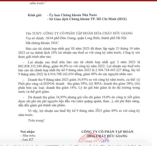 B&aacute;o c&aacute;o giải tr&igrave;nh lợi nhuận qu&yacute; III/2023 giảm của&nbsp;C&ocirc;ng ty cổ phần Tập đo&agrave;n H&oacute;a chất Đức Giang