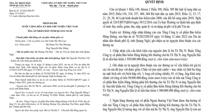 To&agrave; &aacute;n tuy&ecirc;n &aacute;n Bảo hiểm H&agrave;ng kh&ocirc;ng VNI phải trả cho b&agrave; N. số tiền 1,95 tỷ đồng.