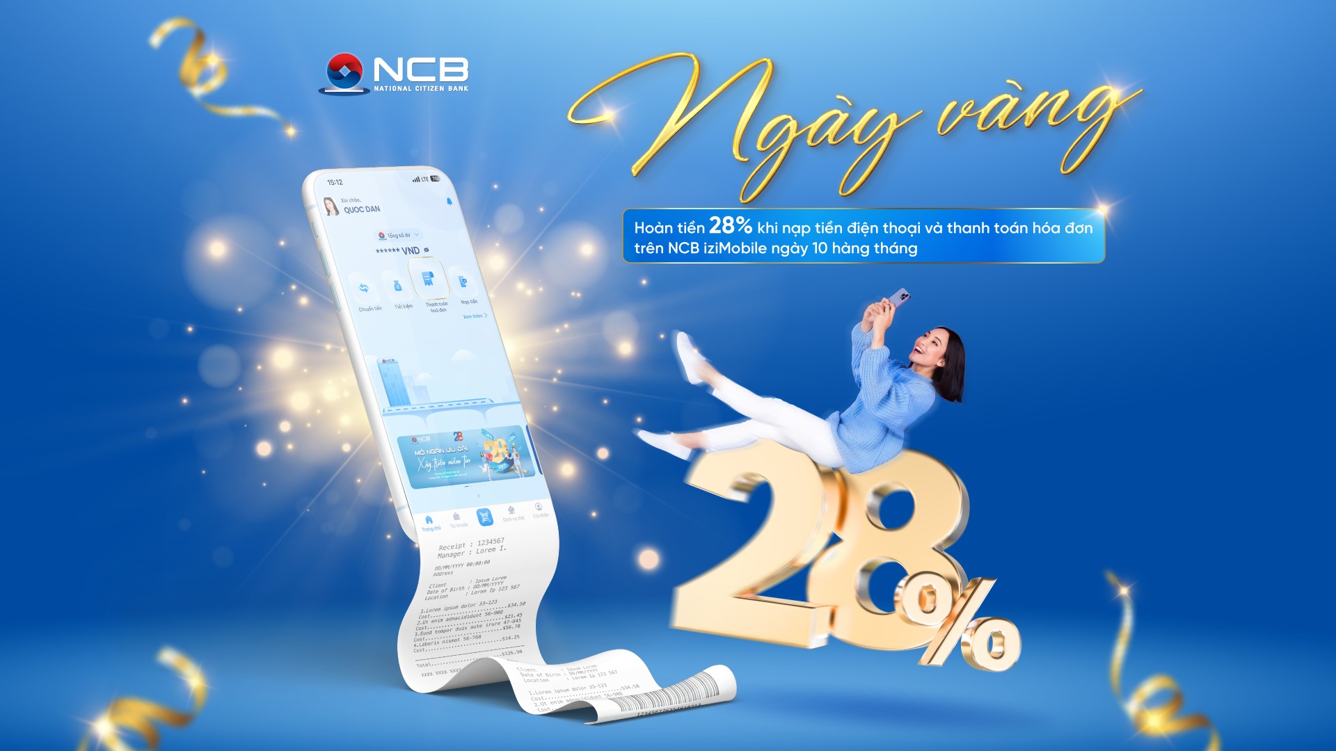 Ứng dụng NCB iziMobile mang đến cho người d&ugrave;ng lựa chọn thanh to&aacute;n ho&aacute; đơn thuận tiện v&agrave; nhiều ưu đ&atilde;i hấp dẫn &nbsp;
