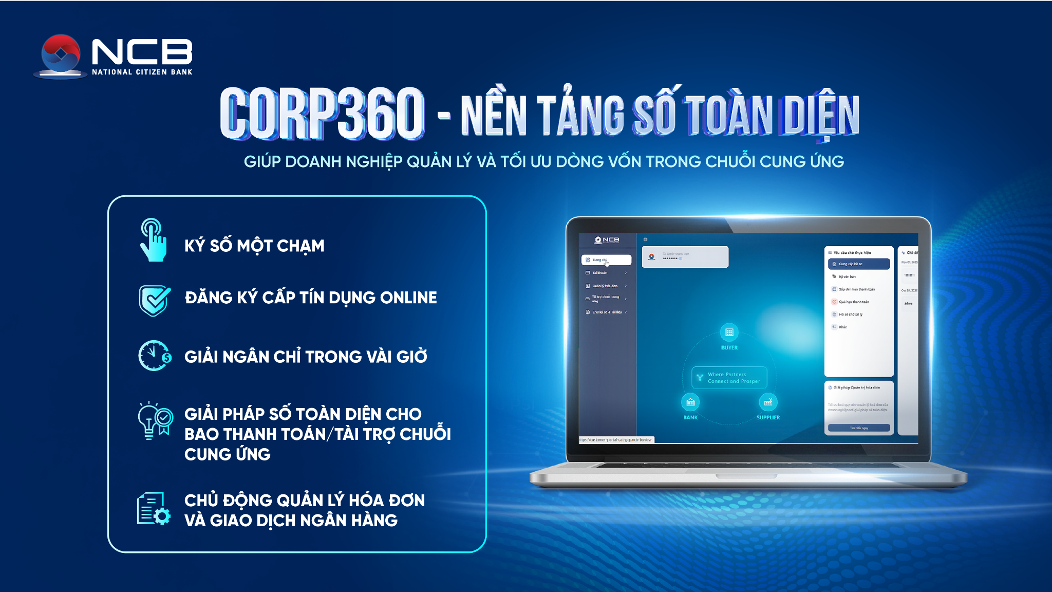 NCB Corp360 Platform kết nối chuỗi gi&aacute; trị, r&uacute;t ngắn quy tr&igrave;nh v&agrave; tối ưu d&ograve;ng vốn, n&acirc;ng cao hiệu quả vận h&agrave;nh, t&agrave;i ch&iacute;nh cho doanh nghiệp