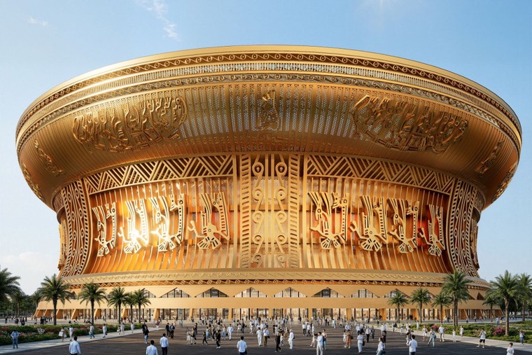 Phối cảnh s&acirc;n vận động Trống Đồng sức chứa 135.000 chỗ ngồi đạt 2 kỷ lục s&acirc;n vận động đạt chuẩn FIFA c&oacute; sức chứa lớn nhất thế giới v&agrave; s&acirc;n vận động c&oacute; m&aacute;i che đ&oacute;ng mở tự động lớn nhất thế giới