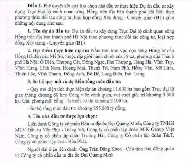 Ng&agrave;y 17/12/2025, UBND TP H&agrave; Nội ban h&agrave;nh Quyết định số 6281/QĐ-UBND, ph&ecirc; duyệt kết quả lựa chọn nh&agrave; đầu tư thực hiện dự &aacute;n Trục đại lộ cảnh quan s&ocirc;ng Hồng