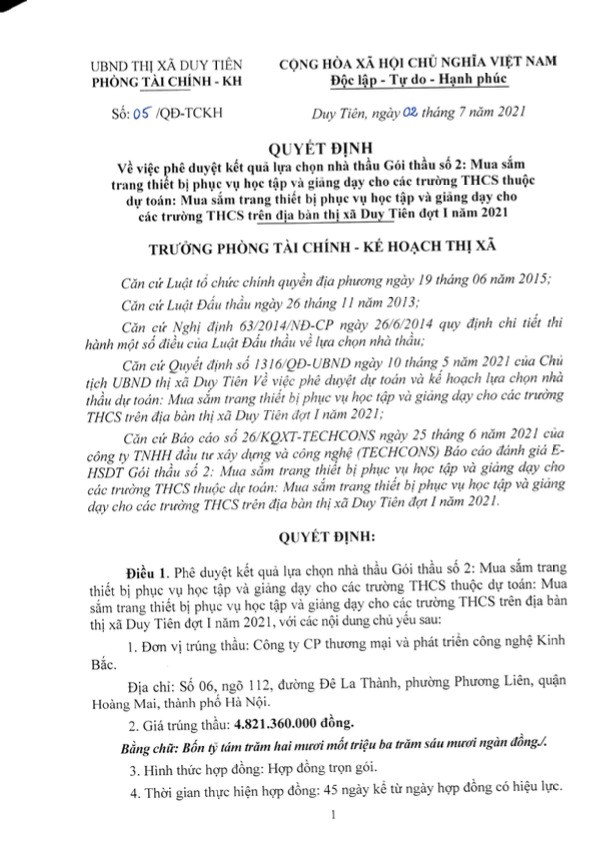 Quyết định số 05/QĐ-TCKH về việc ph&ecirc; duyệt kết quả lựa chọn nh&agrave; thầu G&oacute;i thầu số 2: Mua sắm trang thiết bị phục vụ học tập v&agrave; giảng dạy cho c&aacute;c Trường THCS thuộc Dự to&aacute;n: Mua sắm trang thiết bị phục vụ học tập v&agrave; giảng dạy cho c&aacute;c trường THCS tr&ecirc;n địa b&agrave;n thị x&atilde; Duy Ti&ecirc;n đợt I năm 2021