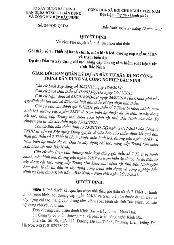 Quyết định số 244/QĐ-QLDA ng&agrave;y 27/12/2021 về việc Ph&ecirc; duyệt kết quả lựa chọn nh&agrave; thầu &ndash; G&oacute;i thầu số 7: Thiết bị h&agrave;nh ch&iacute;nh, m&agrave;n h&igrave;nh led, đường c&aacute;p ngầm 22KV v&agrave; trạm biến &aacute;p.