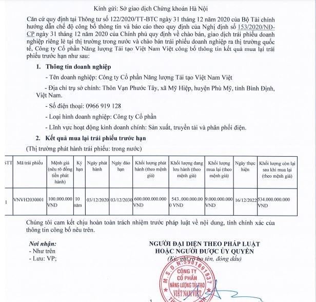 Kết quả mua lại tr&aacute;i phiếu trước hạn tại CTCP Năng lượng T&aacute;i tạo Việt Nam Việt (nguồn: Sở Giao dịch chứng kho&aacute;n H&agrave; Nội - HNX).