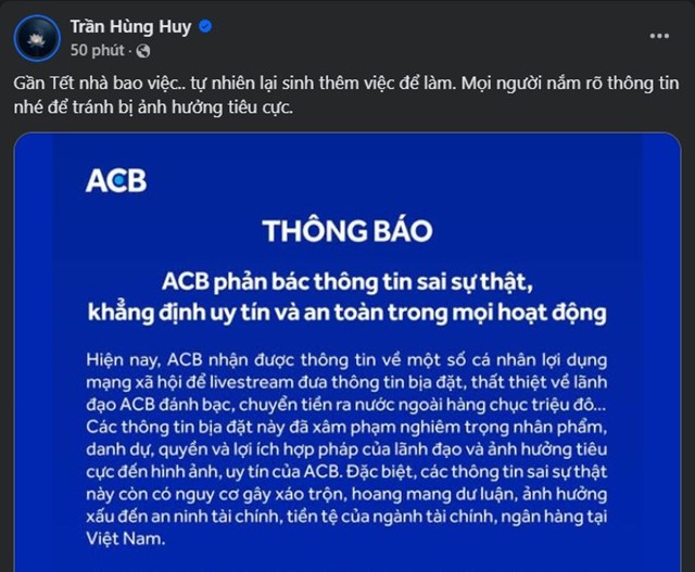 Chủ tịch HĐQT ACB l&ecirc;n tiếng tr&ecirc;n trang Facebook c&aacute; nh&acirc;n.