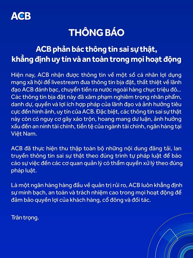 Th&ocirc;ng b&aacute;o mới nhất của ACB.