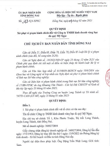 Quyết định xử phạt C&ocirc;ng ty TNHH kinh doanh v&agrave;ng bạc đ&aacute; qu&yacute; Mỹ Ngọc.