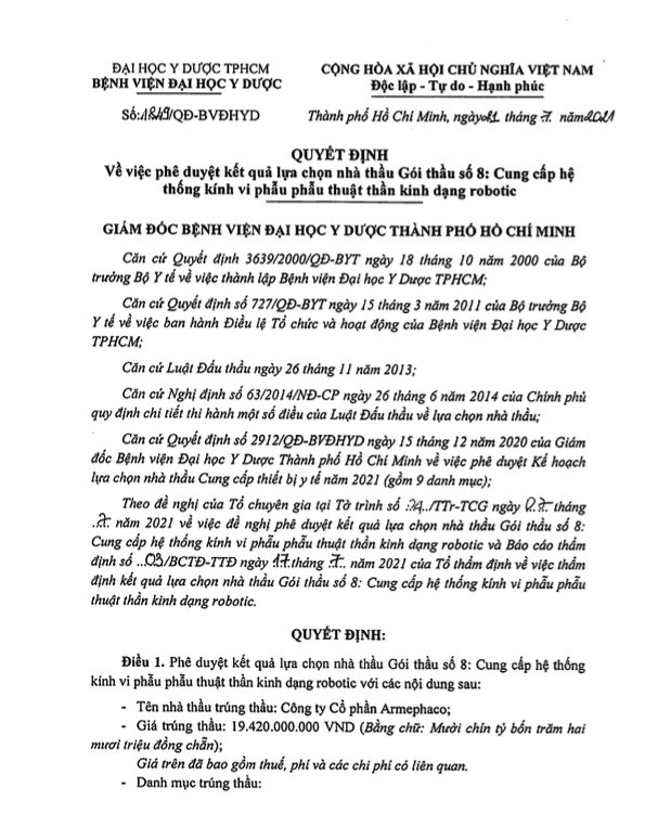 G&oacute;i thầu số 8: Cung cấp hệ thống k&iacute;nh vi phẫu phẫu thuật thần kinh dạng robotic tại Bệnh viện Đại học Y dược thuộc Đại học Y dược Tp.HCM được ph&ecirc; duyệt ng&agrave;y 21/07/2021