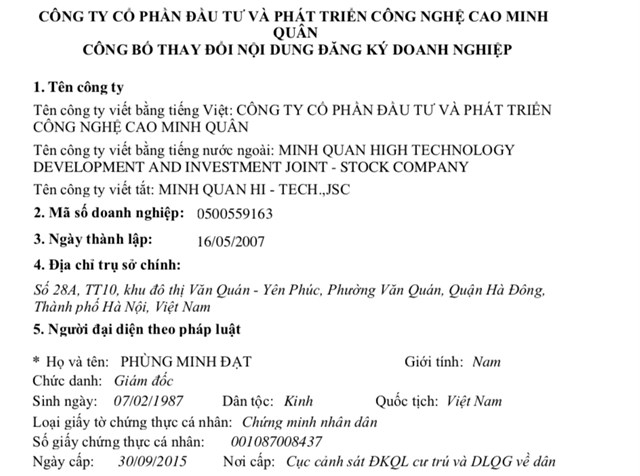 C&ocirc;ng ty cổ phần Tập đo&agrave;n Nam H&agrave; Nội tiền th&acirc;n l&agrave; C&ocirc;ng ty cổ phần Đầu tư ph&aacute;t triển c&ocirc;ng nghệ cao Minh Qu&acirc;n