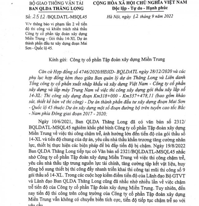 Ban QLDA Thăng Long ra văn bản th&ocirc;ng b&aacute;o vi phạm lần 2 với&nbsp;C&ocirc;ng ty CP Tập đo&agrave;n x&acirc;y dựng Miền Trung.