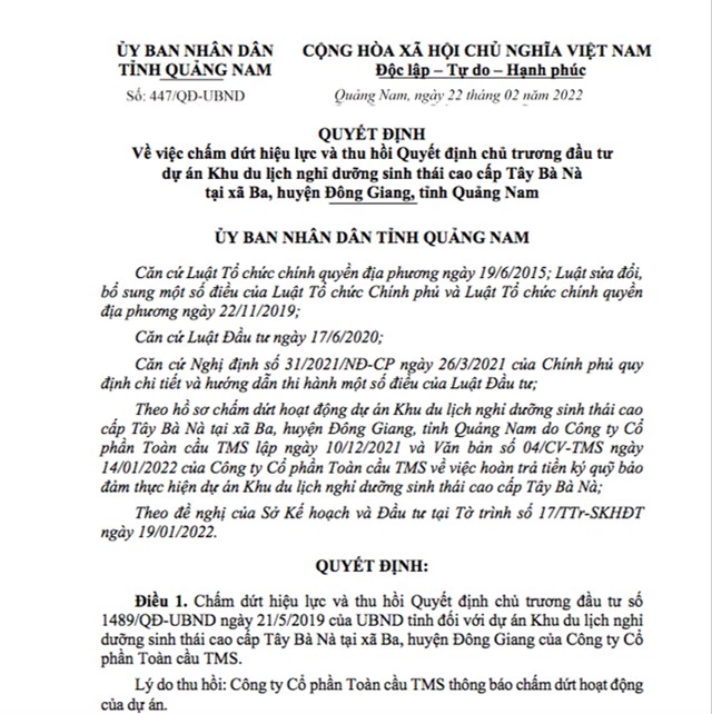 Tỉnh Quảng Nam ra Quyết định thu hồi dự &aacute;n Khu du lịch nghỉ dưỡng sinh th&aacute;i cao cấp T&acirc;y B&agrave; N&agrave; tại huyện Đ&ocirc;ng Giang.