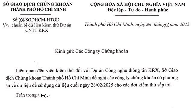 HoSE đề nghị c&aacute;c c&ocirc;ng ty chứng kho&aacute;n chuẩn bị dữ liệu kiểm thử dự &aacute;n c&ocirc;ng nghệ th&ocirc;ng tin KRX.