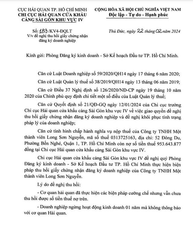 C&ocirc;ng ty TNHH Một th&agrave;nh vi&ecirc;n Long Sơn Nguyễn bị đề nghị thu hồi Giấy chứng nhận đăng k&yacute; doanh nghiệp