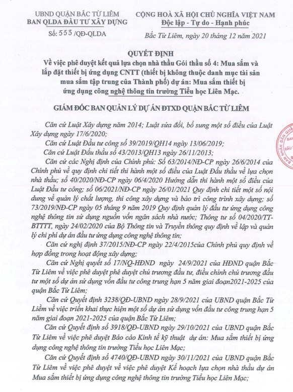 G&oacute;i thầu số 4: Mua sắm v&agrave; lắp đặt thiết bị ứng dụng CNTT (thiết bị kh&ocirc;ng thuộc danh mục t&agrave;i sản mua sắm tập trung của Th&agrave;nh phố) dự &aacute;n: Mua sắm thiết bị ứng dụng c&ocirc;ng nghệ th&ocirc;ng tin trường Tiểu học Li&ecirc;m Mạc